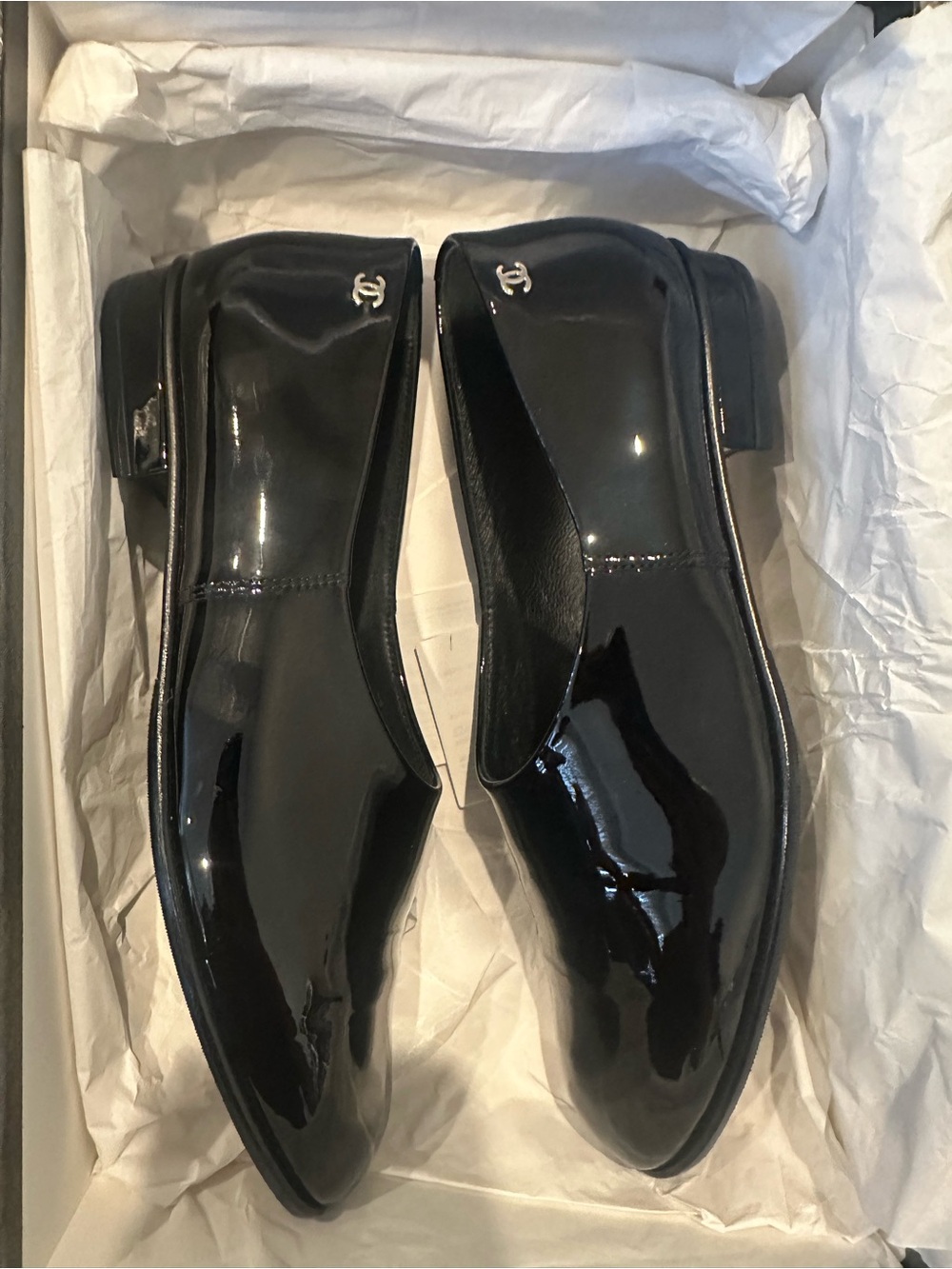 CHANEL Black Patent Leather Slip-On Loafers with CC Charm